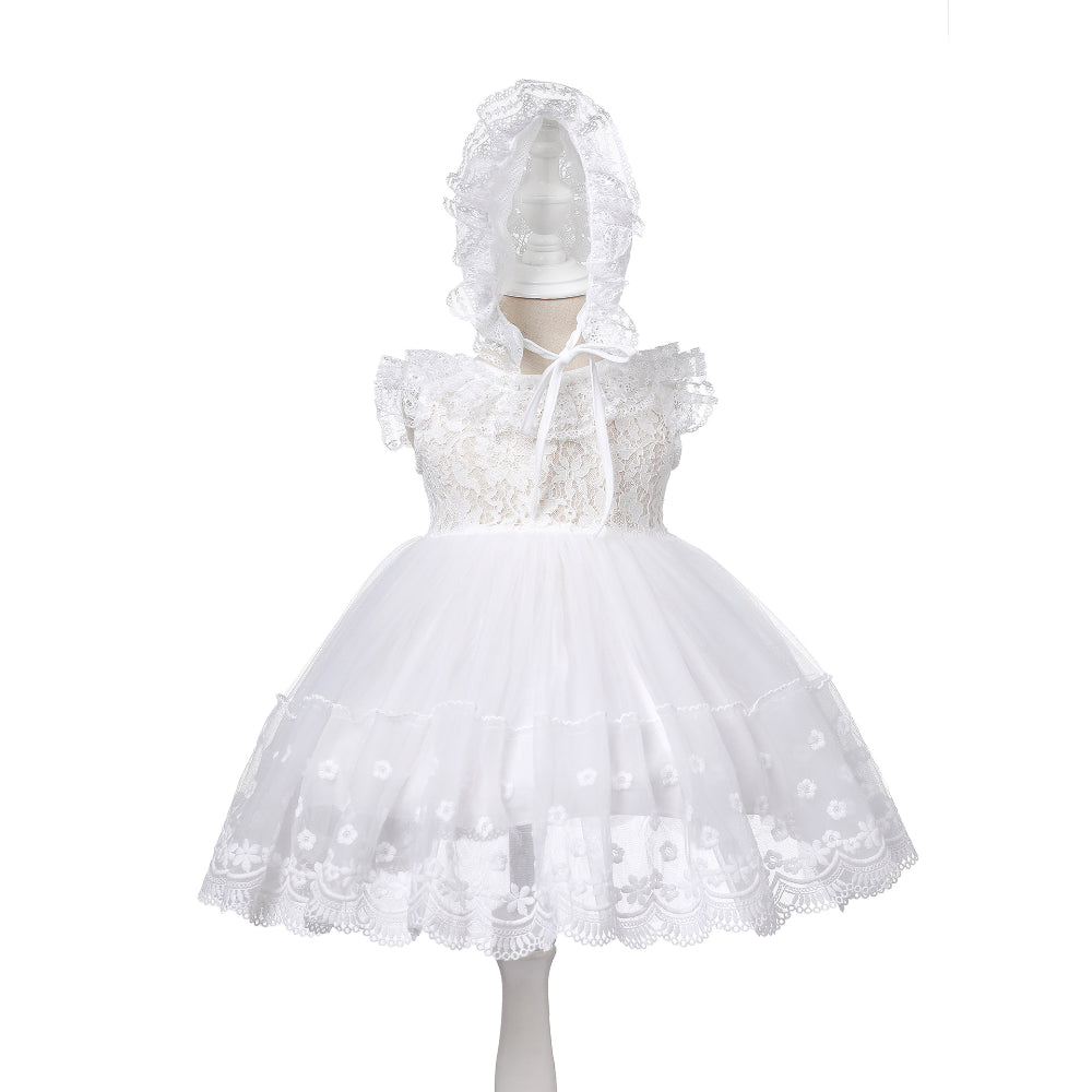 Baby Girl Lace Christening Dress with Hat – Sleeveless Princess Gown with Ruffle Collar