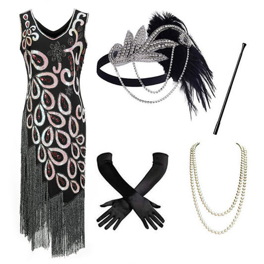 Black 1920s Sequin Flapper Dress with Peacock Fringe and 4 Pieces Accessories THROWBACK MEEJOY