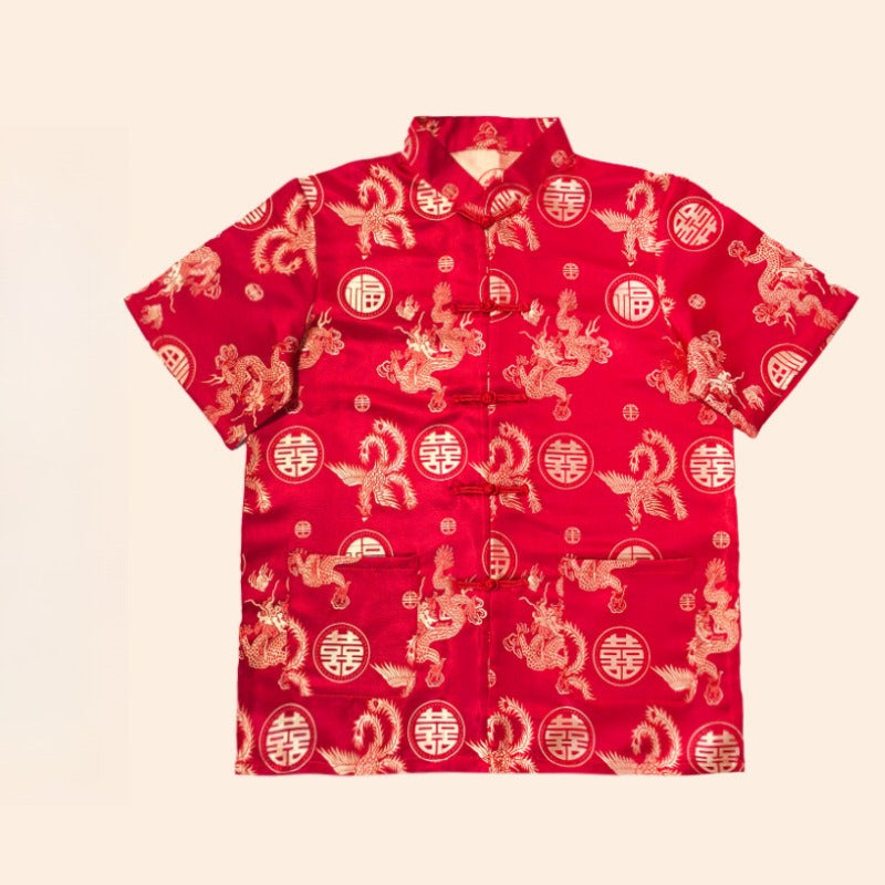 Chinese Traditional Red Tang Suit Top Mens Kung Fu Wedding Banquet Shirt