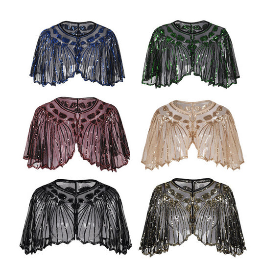 1920s Gatsby Sequin Lace Cape Shawl - Vintage Flapper Cloak for Women