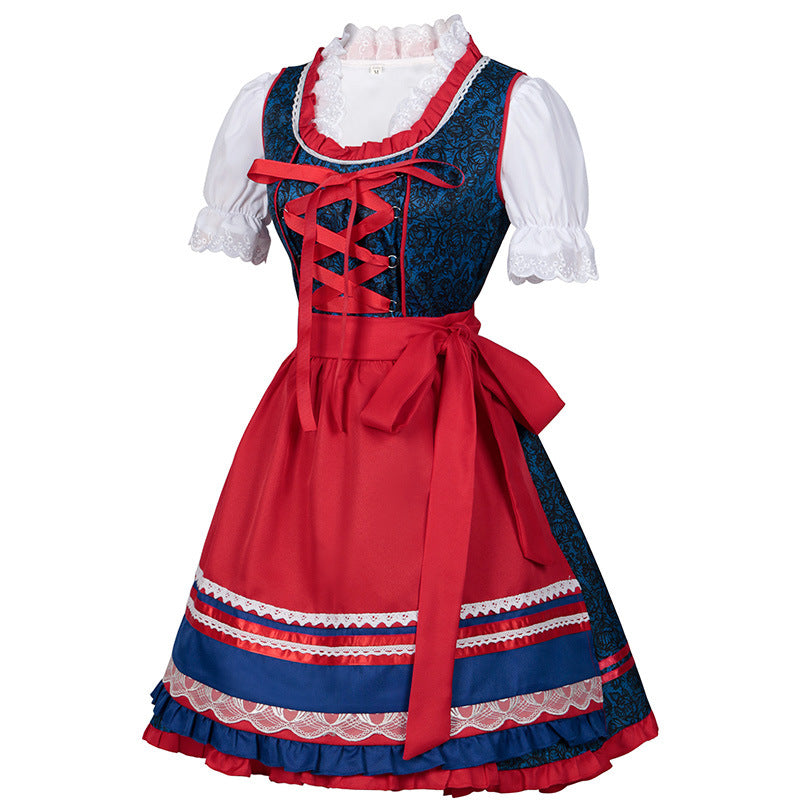 Women Dirndl Dress Bavarian German Traditional Oktoberfest Blue Floral Beer Dress