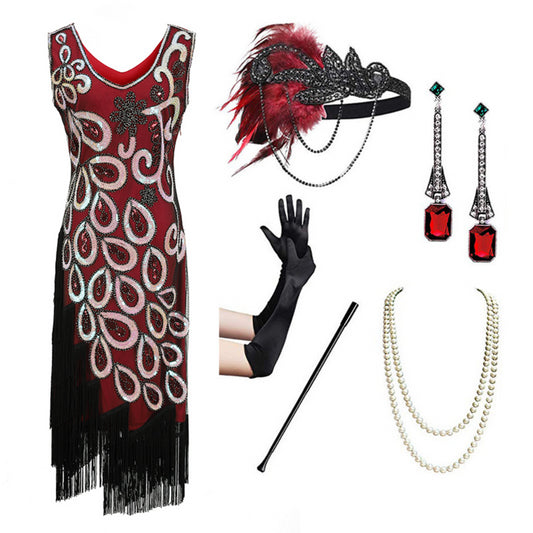 Deluxe Red 1920s Flapper Dress – Gatsby Costume with Accessories MEEJOY TOP SELLING THROWBACK COSTUMES