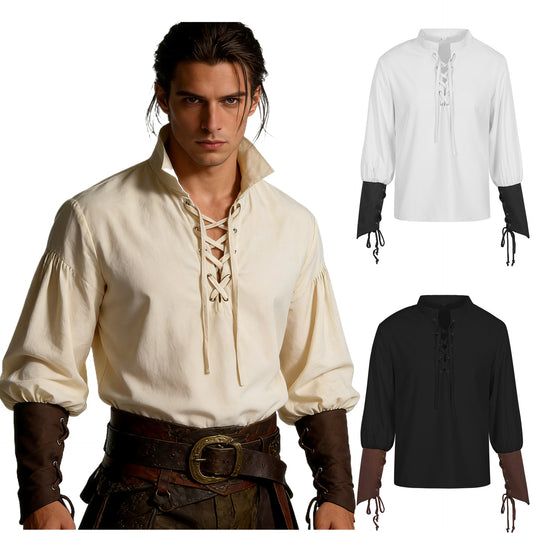 Mens Steampunk Pirate Shirt Lace Up Long Sleeve Medieval Tunic Top 3 Colors