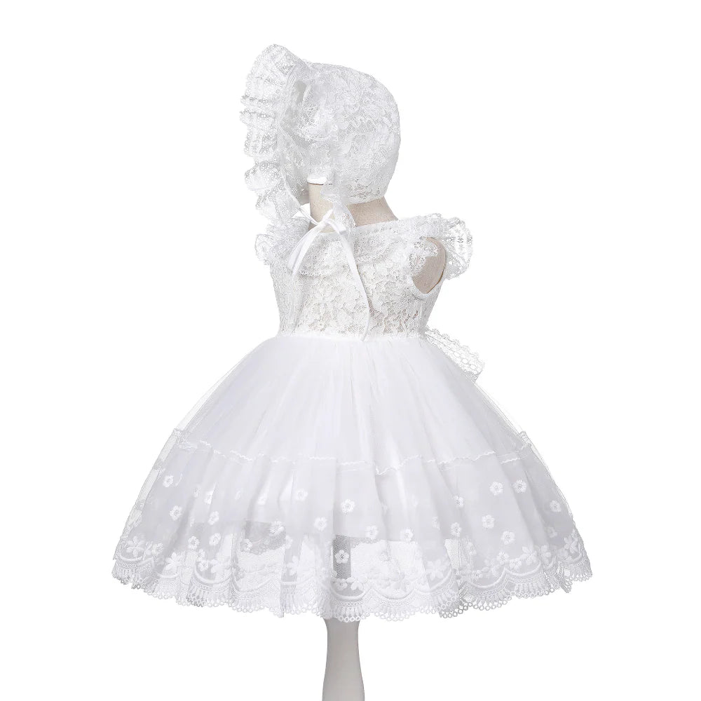 Baby Girl Lace Christening Dress with Hat – Sleeveless Princess Gown with Ruffle Collar