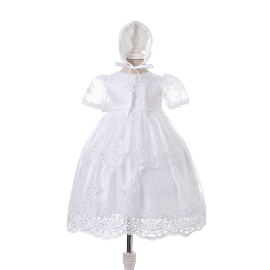 Baby Girl Lace Christening Gown Ivory Long Dress – Infant Baptism Outfit 