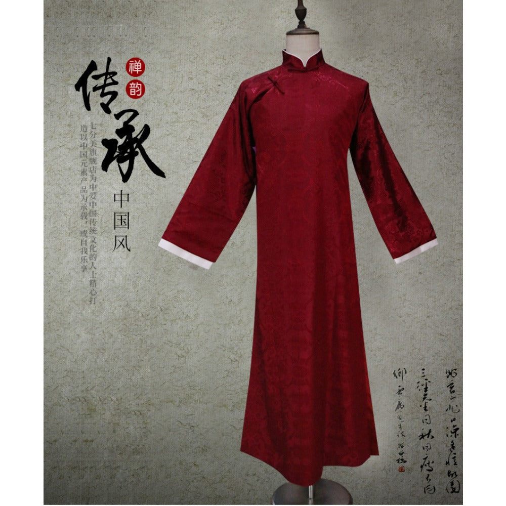 Mens Chinese Changshan Long Gown Groomsman Wedding Host Performance Robe
