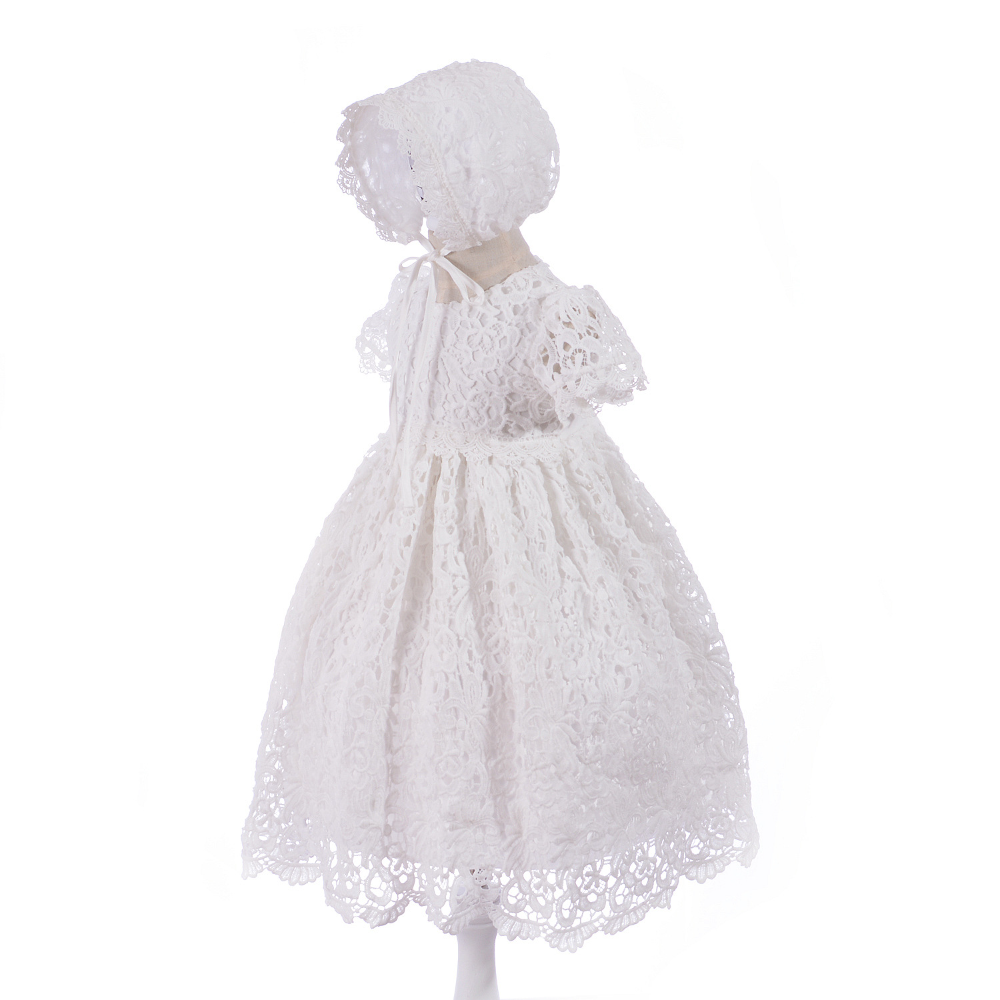 White lace dress with bonnet on a white background  for Baptism, Full Month, Birthday – Infant Formal Outfit