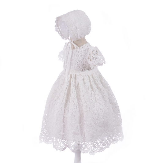 White lace dress with bonnet on a white background  for Baptism, Full Month, Birthday – Infant Formal Outfit