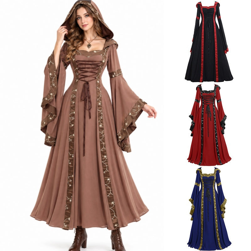 Women's Gothic Medieval Hooded Dress – Lace-Up Witch Fantasy Costume