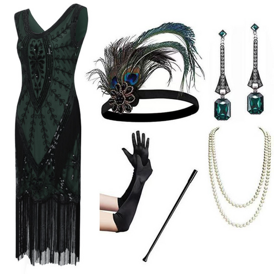Vintage Black Green 1920s Gatsby Dress Women Sequin Flapper Costume Accessories Retro Outfit