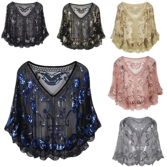 Sequin Lace Cape Shawl – Vintage Gatsby Evening Cloak Overlay for Women