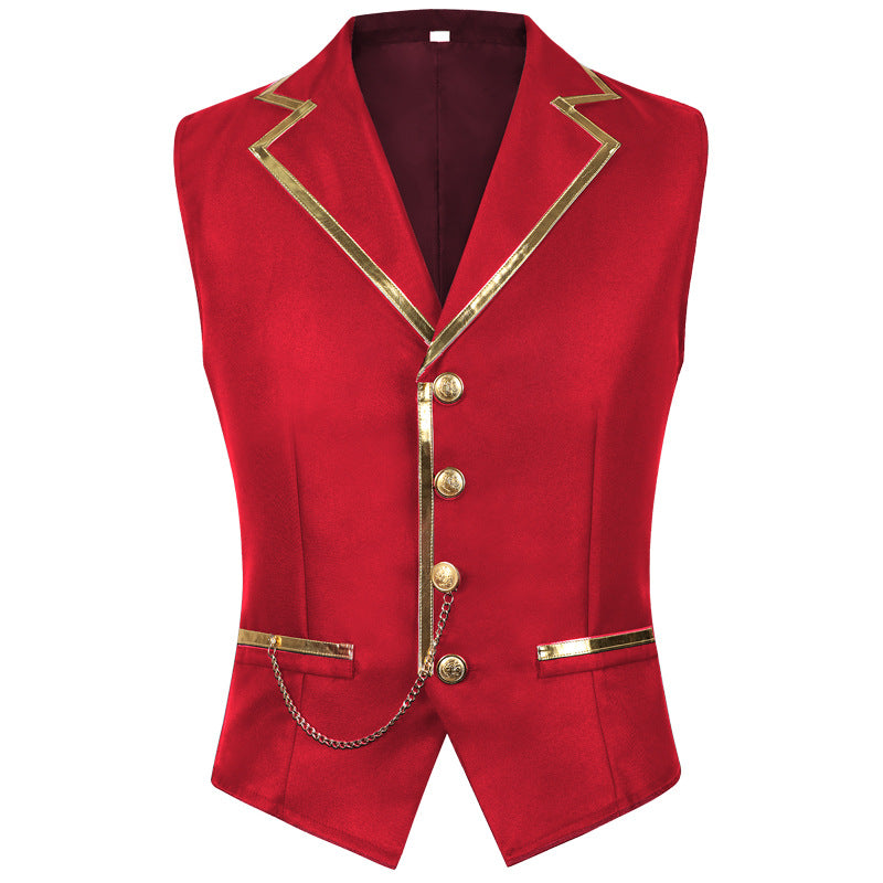 Men’s Fashion Chain Suit Vest – Stage Costume Waistcoat with Gold Trim Buttons
