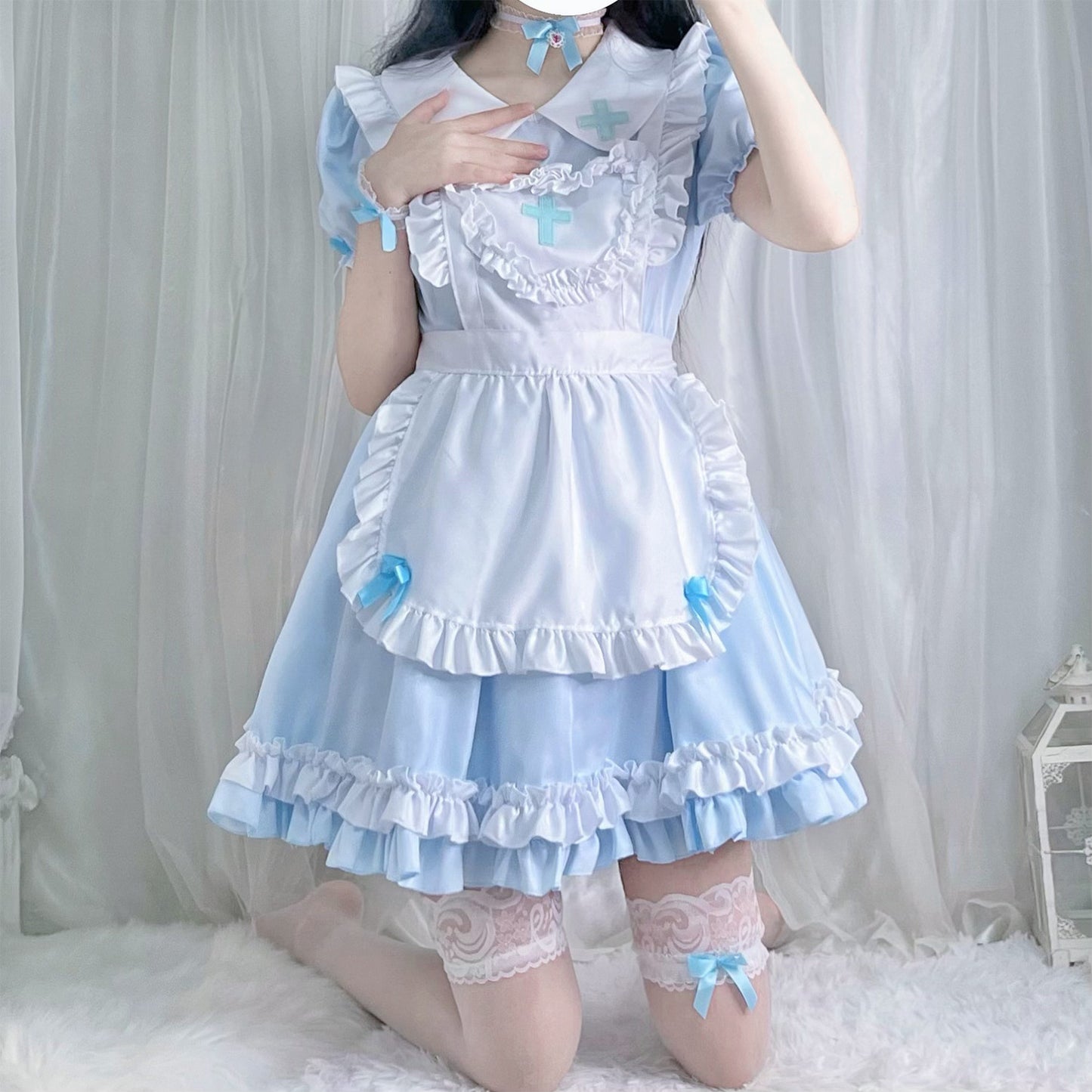 Japanese Anime Soft Girl Lolita Sky Blue Cross Maid Cosplay Dress