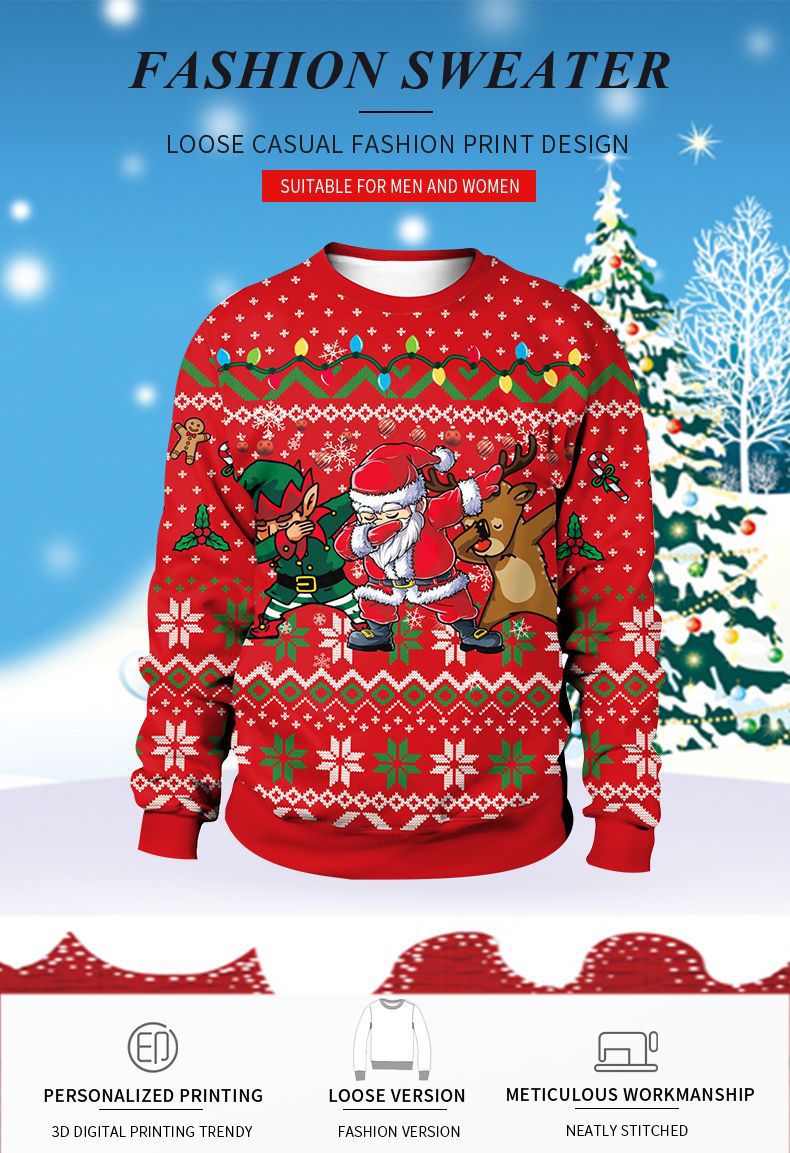 Xmas Ugly Shirt Digital Print Christmas Crew Neck Sweatshirt Top Couple Wear