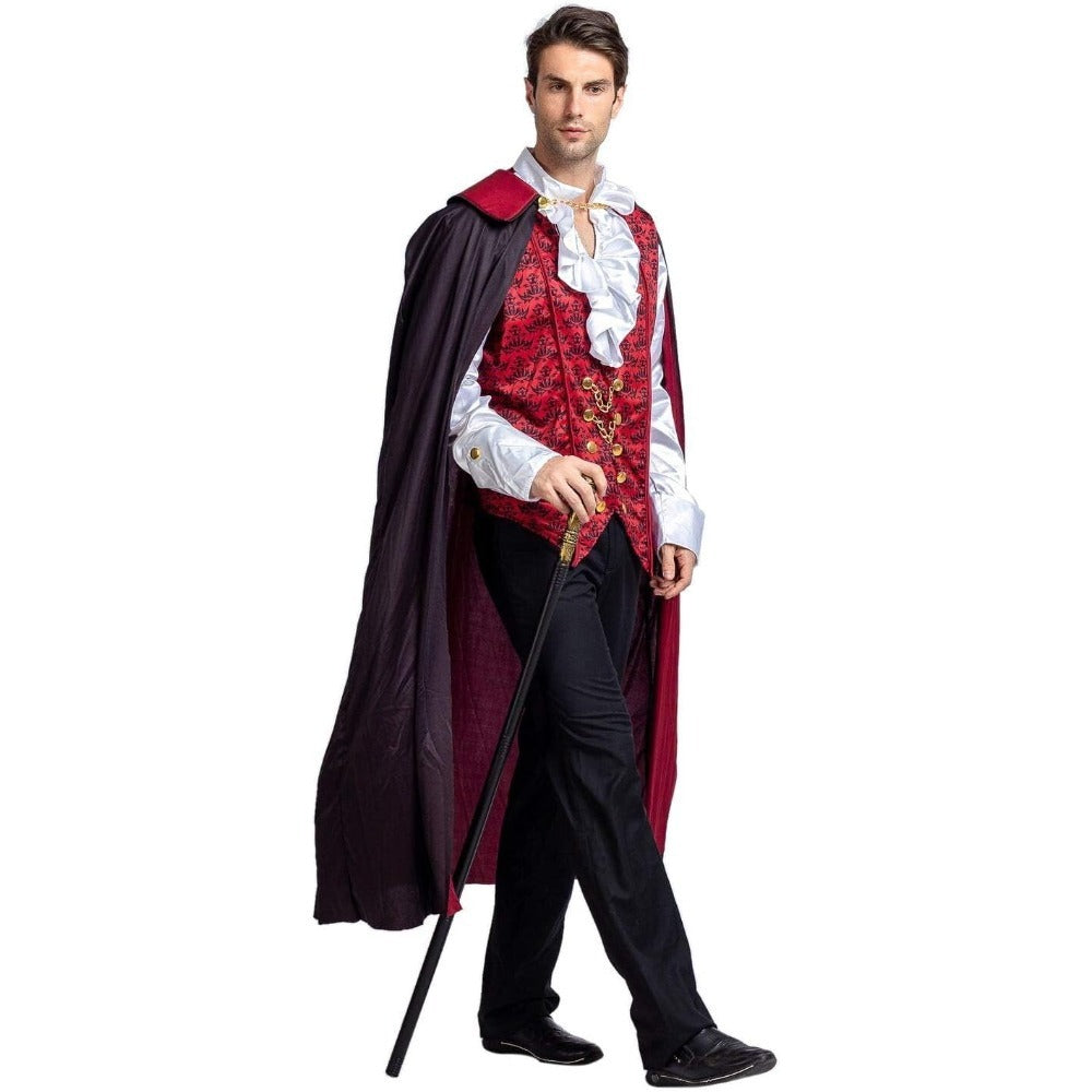 Mens Vampire Costume Shirt with Cape Gothic Dracula Halloween Fancy Dress S-2XL