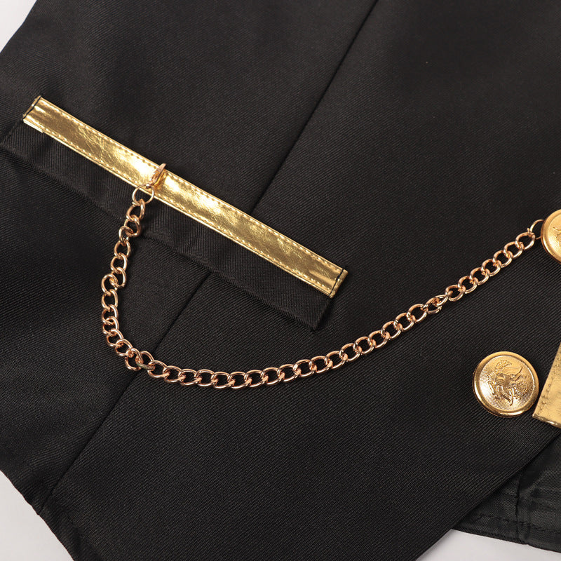 Men’s Fashion Chain Suit Vest – Stage Costume Waistcoat with Gold Trim Buttons