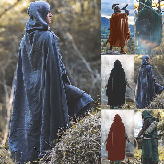 Medieval Linen Hooded Cloak Ranger Cape Viking Renaissance LARP Costume