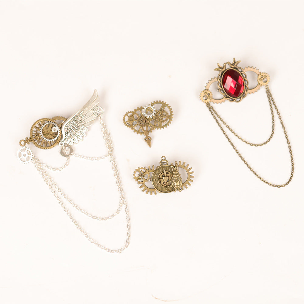 Steampunk Gear Wing Brooch Victorian Gothic Chain Lapel Pin Cosplay Accessory