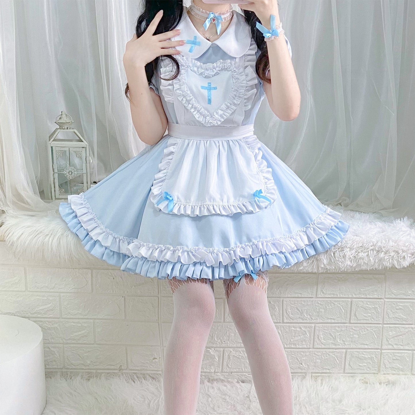 Japanese Anime Soft Girl Lolita Sky Blue Cross Maid Cosplay Dress