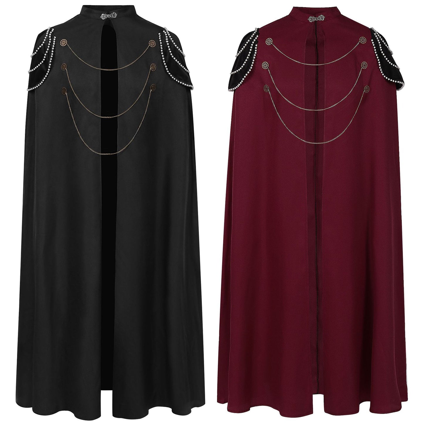 Medieval European Royal Cloak with Padded Shoulders: Vintage Beaded Gear Chain Hooded Cape for Men and Women - Performance Costume