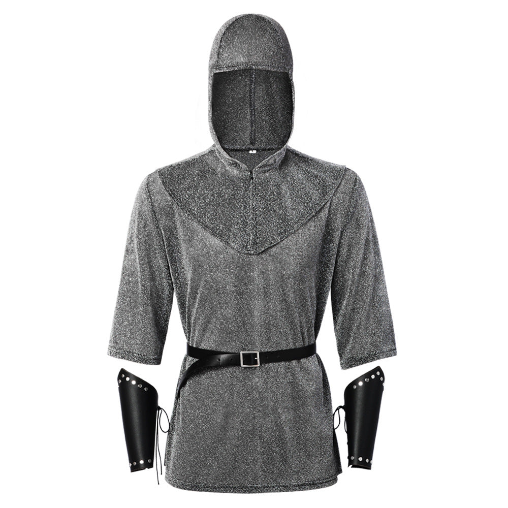 Medieval Knight Faux Chainmail Costume Mens Hood Tunic Belt Halloween LARP