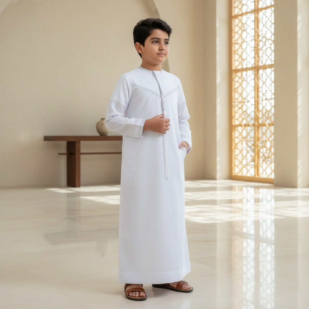 Boys White Thobe Traditional Kids Long Robe Eid Formal Outfit