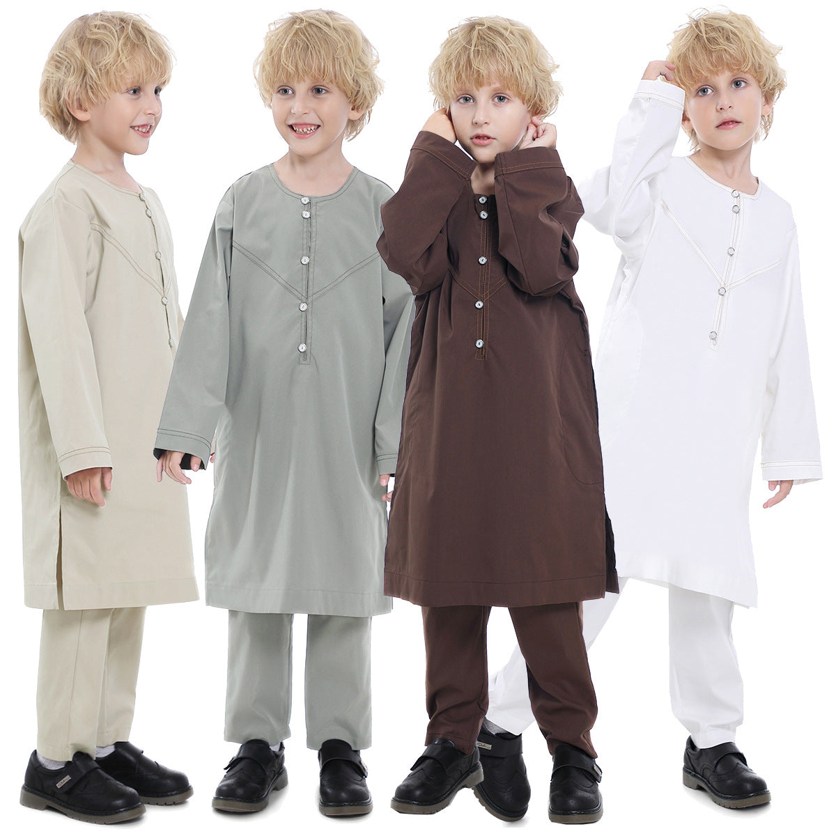 Boys' Thobe-Style Tunic & Pants Set – Middle Eastern Inspired Outfit MEEJOY