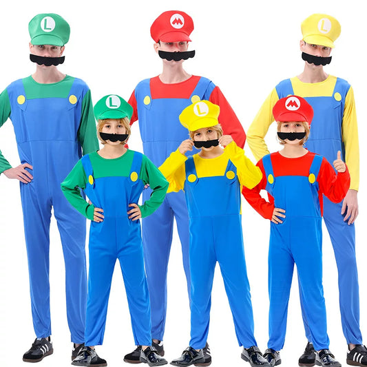 Family Bros Costume Set Adults Kids Game Theme Jumpsuit Hat Mustache