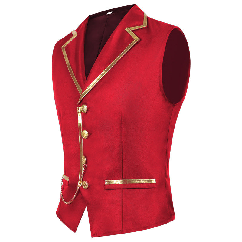 Men’s Fashion Chain Suit Vest – Stage Costume Waistcoat with Gold Trim Buttons