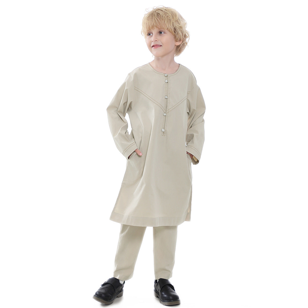 Boys' Thobe-Style Tunic & Pants Set – Middle Eastern Inspired Outfit