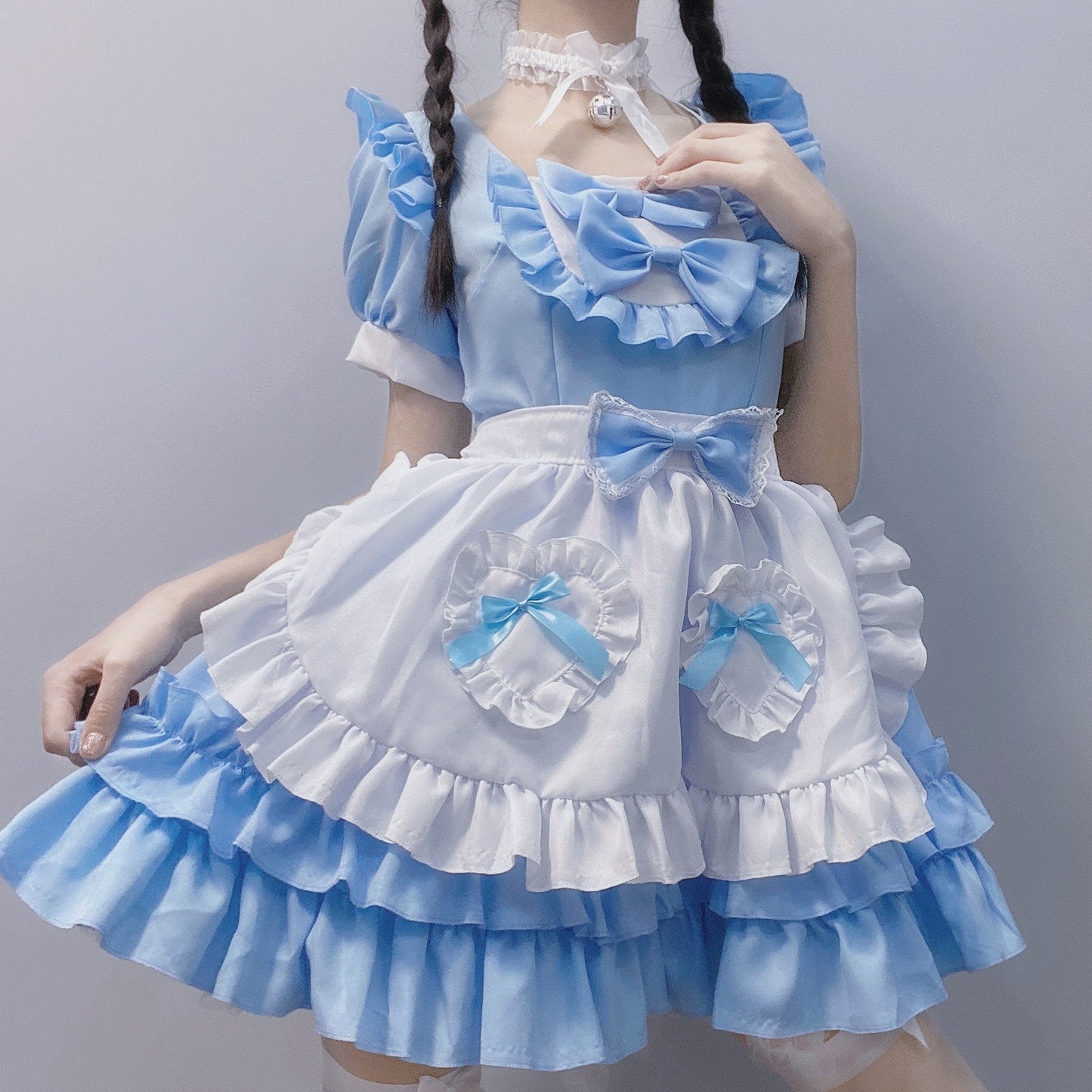 Japanese Anime Sexy Cream Sweetheart Maid Dress & Blue Pure Lolita Dress Full Set