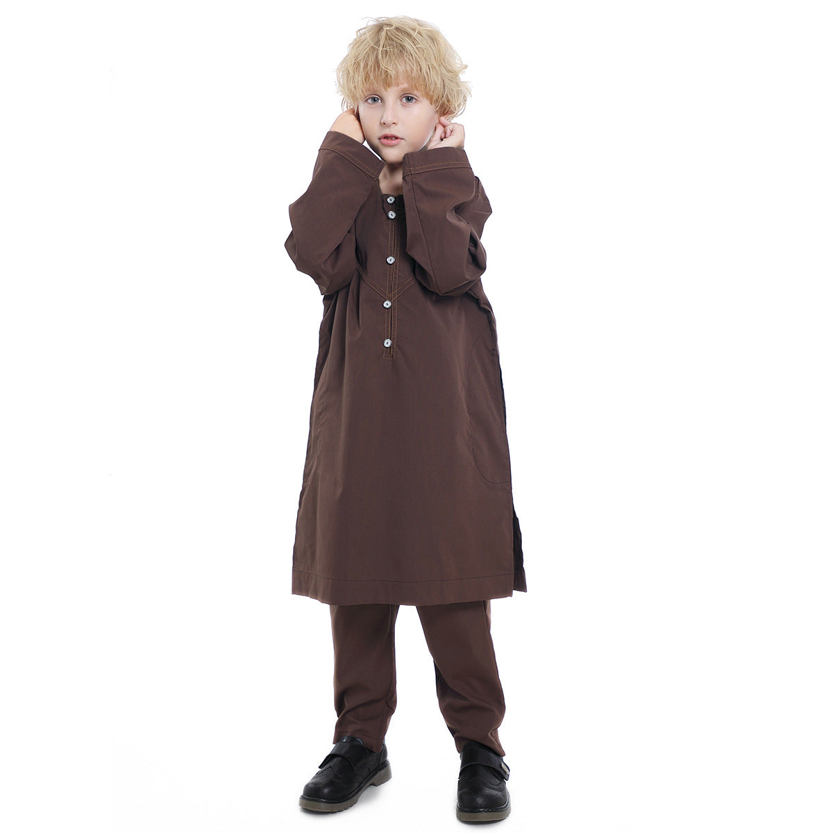 Boys' Thobe-Style Tunic & Pants Set – Middle Eastern Inspired Outfit