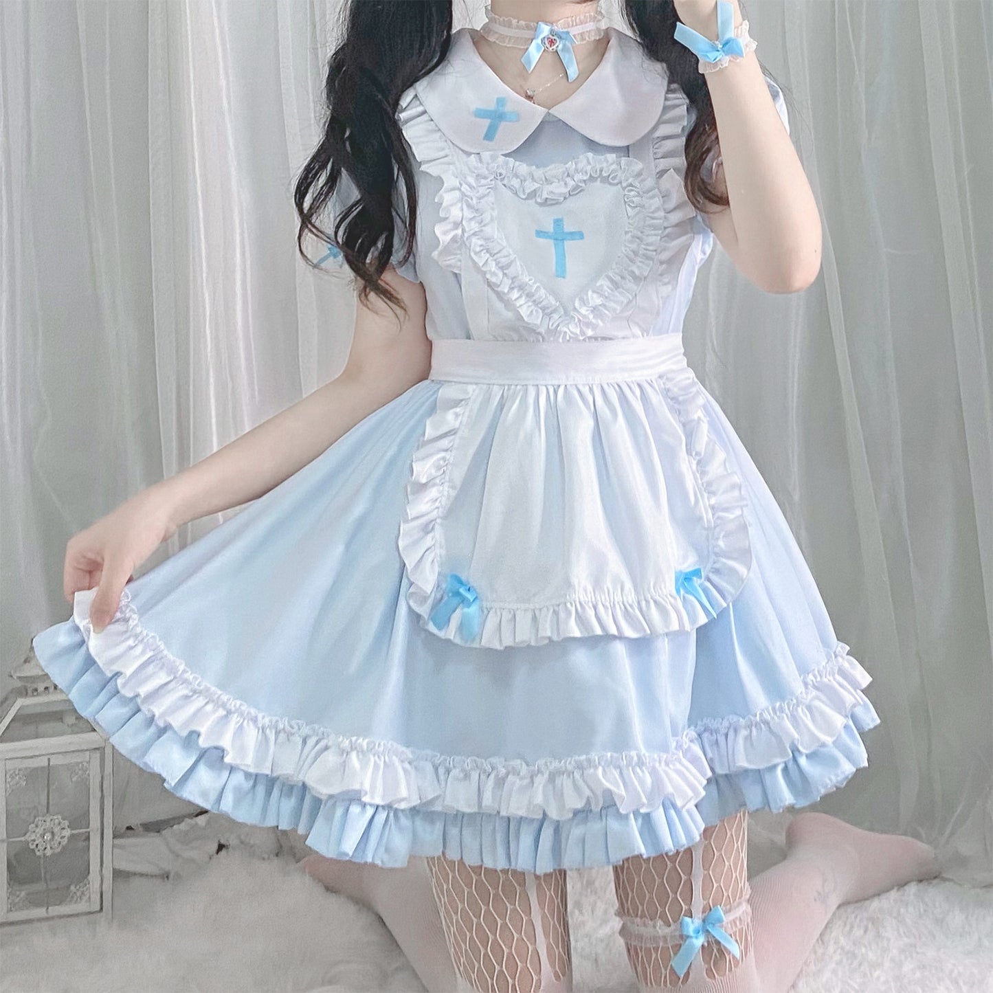 Japanese Anime Soft Girl Lolita Sky Blue Cross Maid Cosplay Dress