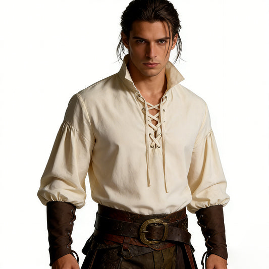 Mens Steampunk Pirate Shirt Lace Up Long Sleeve Medieval Tunic Top 3 Colors