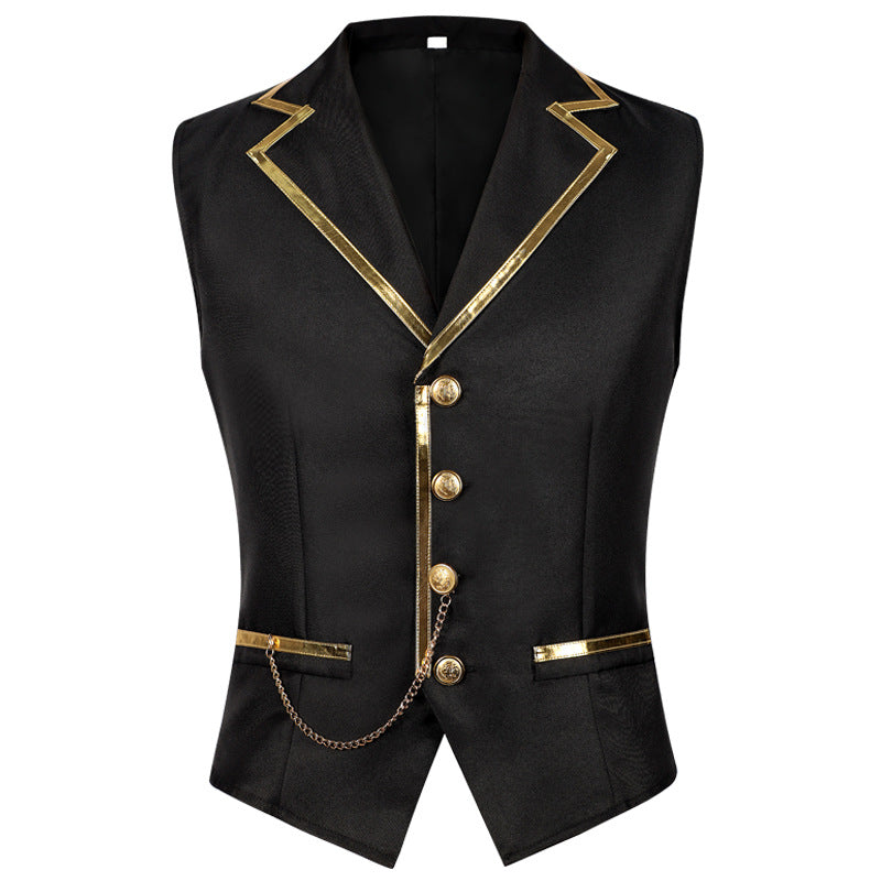 Men’s Fashion Chain Suit Vest – Stage Costume Waistcoat with Gold Trim Buttons