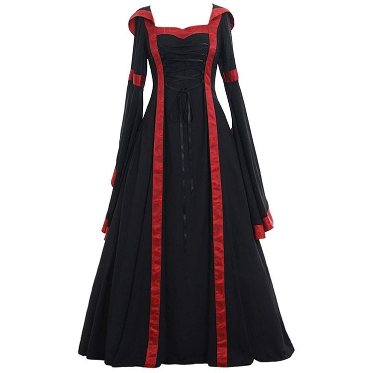 Women's Gothic Medieval Hooded Dress – Lace-Up Witch Fantasy Costume