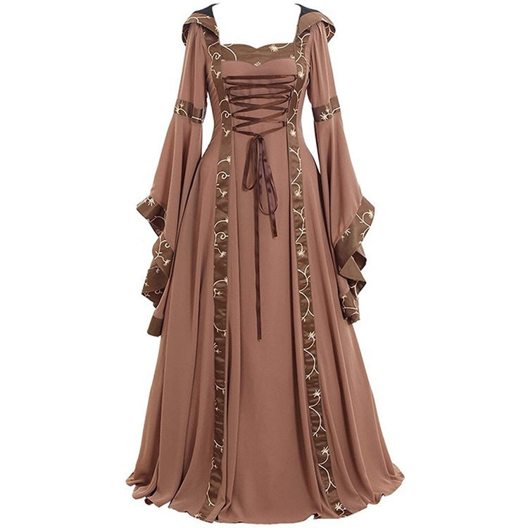 Women's Gothic Medieval Hooded Dress – Lace-Up Witch Fantasy Costume