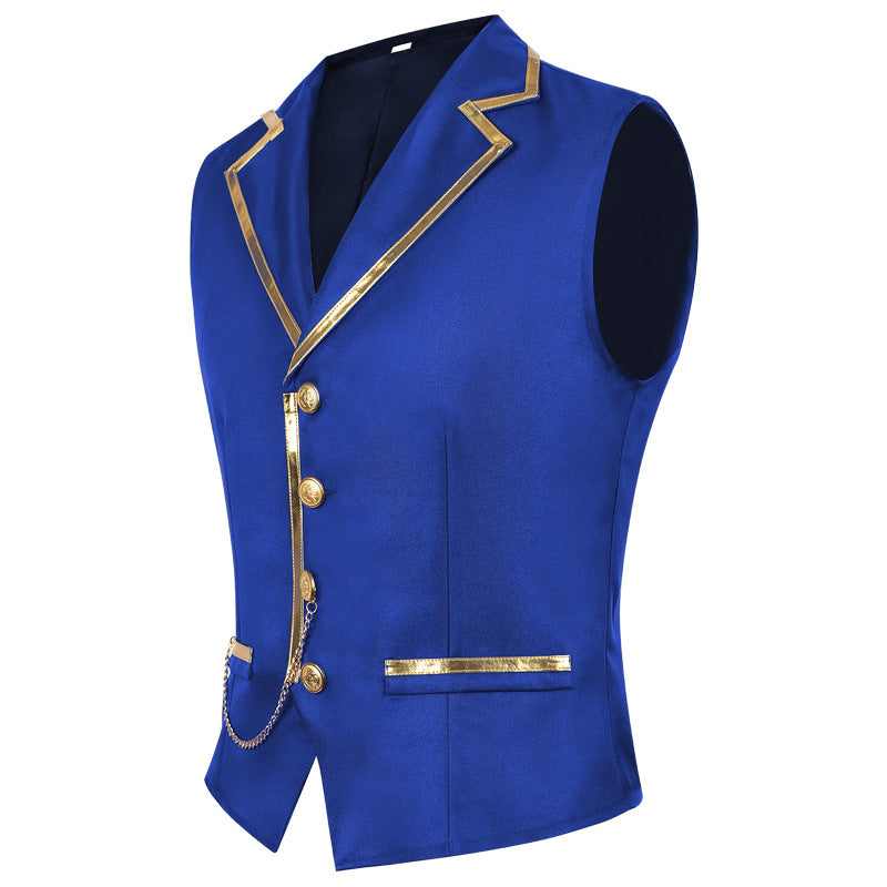 Men’s Fashion Chain Suit Vest – Stage Costume Waistcoat with Gold Trim Buttons