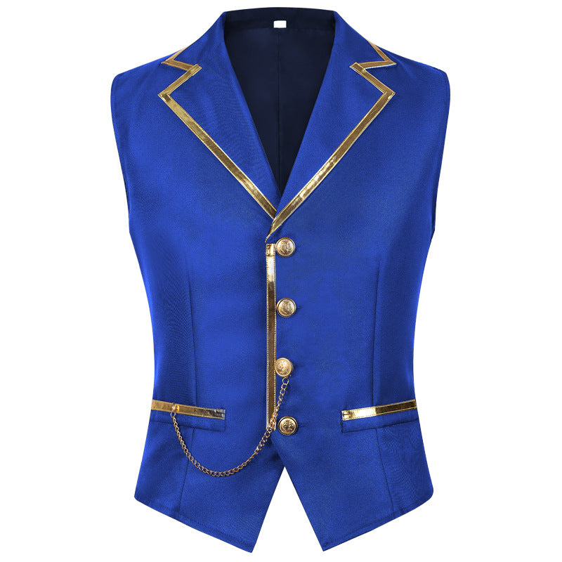 Men’s Fashion Chain Suit Vest – Stage Costume Waistcoat with Gold Trim Buttons