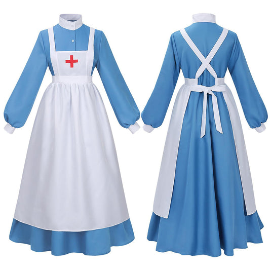 Women's Victorian Nurse Costume Dress – Blue & White Historical Outfit