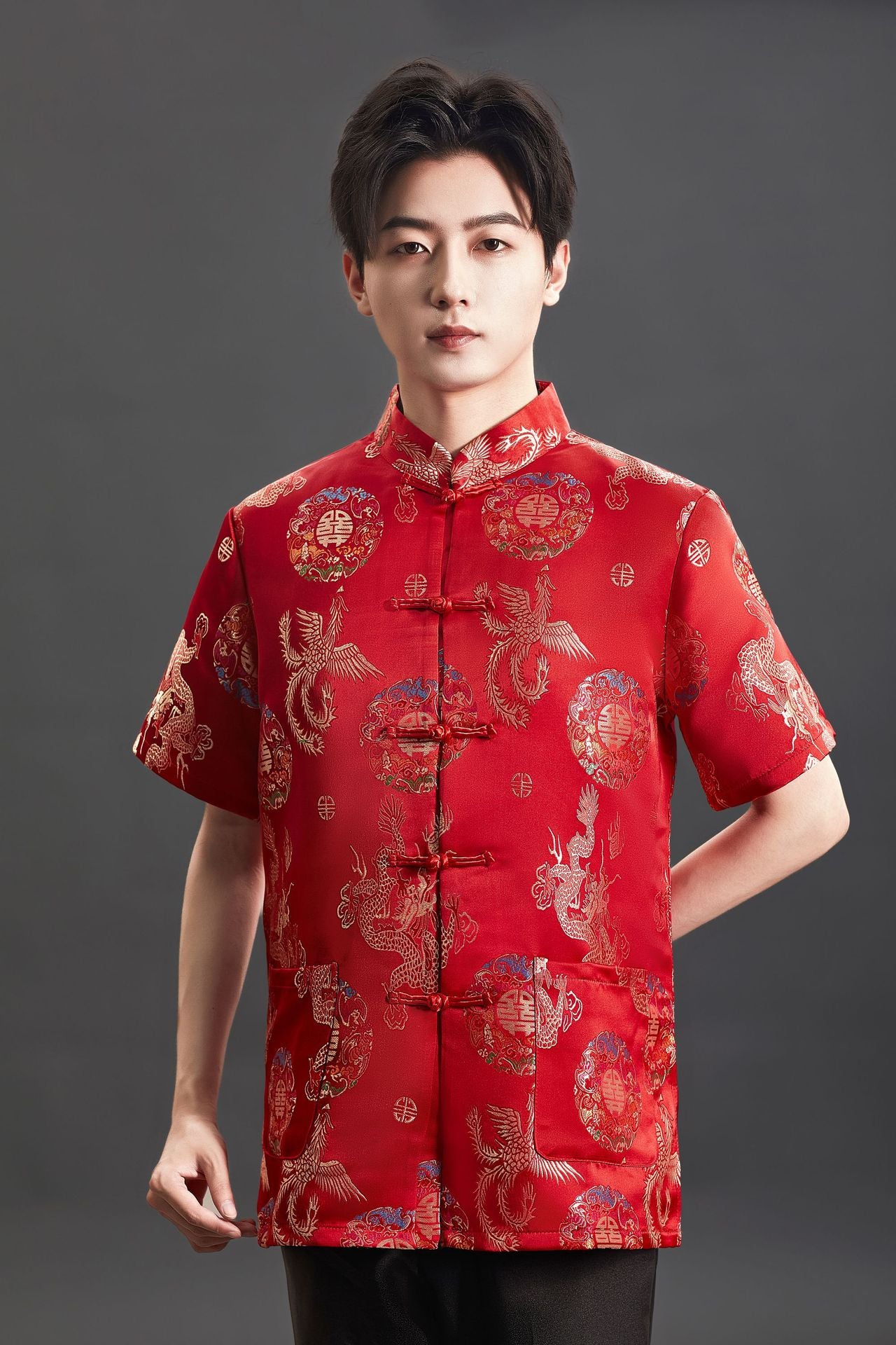 Chinese Traditional Red Tang Suit Top Mens Kung Fu Wedding Banquet Shirt