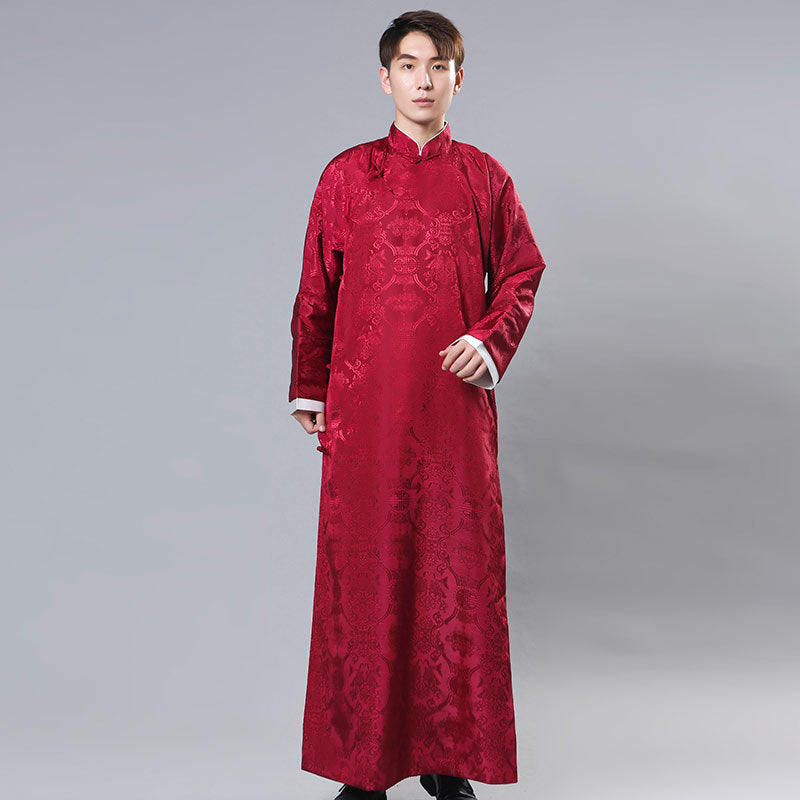 Mens Chinese Changshan Long Gown Groomsman Wedding Host Performance Robe
