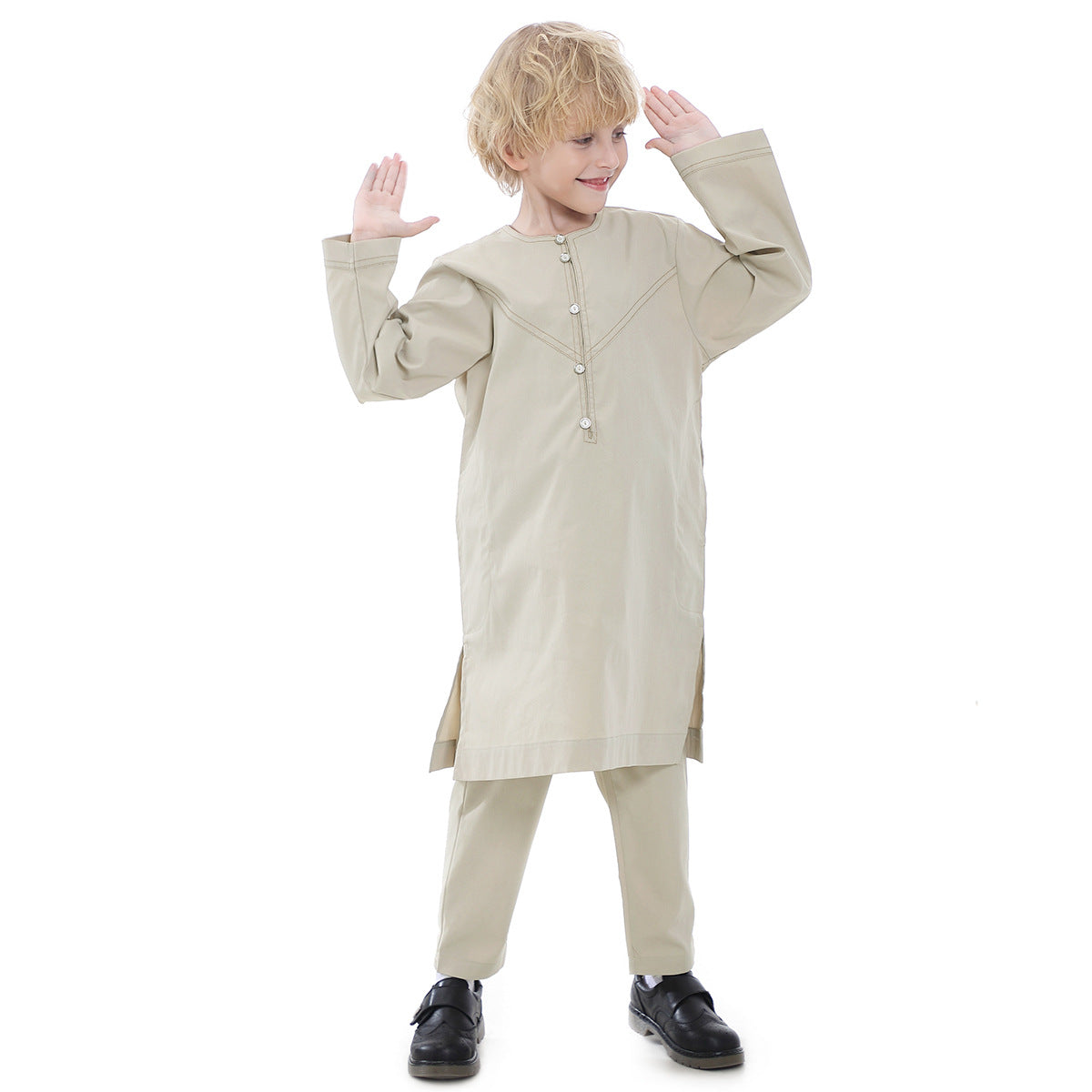 Boys' Thobe-Style Tunic & Pants Set – Middle Eastern Inspired Outfit