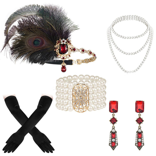 Red 1920s Gatsby Accessories Set – Peacock Feather Headband, Pearl Necklace, Gloves, Earrings, Bracelet