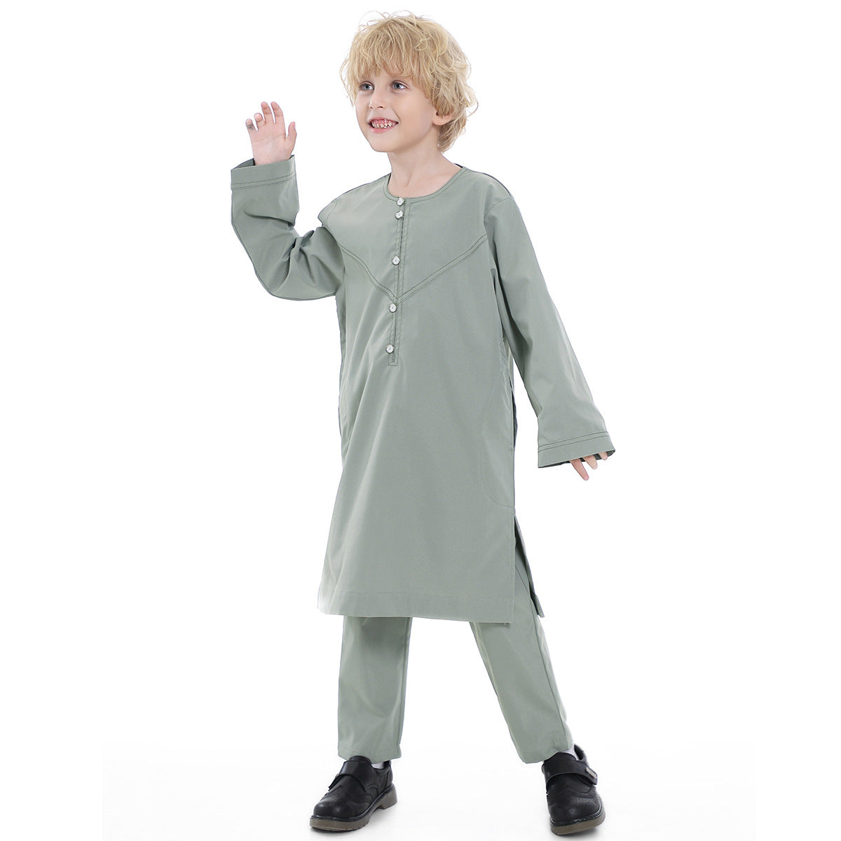 Boys' Thobe-Style Tunic & Pants Set – Middle Eastern Inspired Outfit