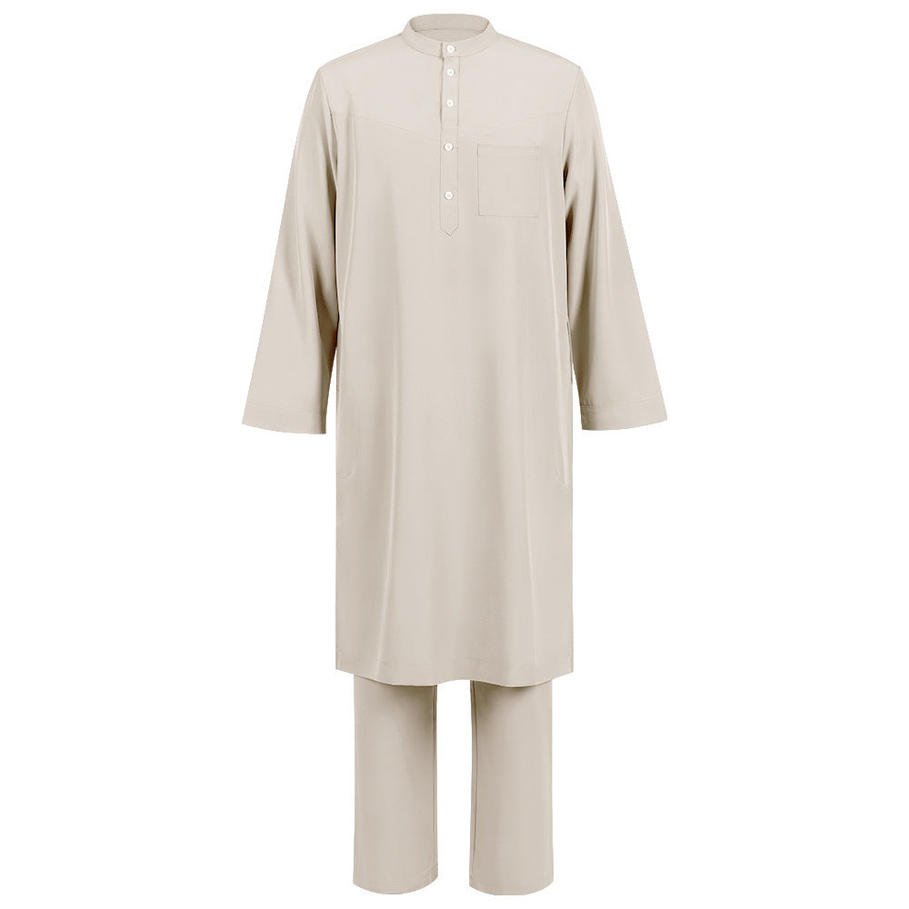 Men's Islamic Thobe Jubba Kandura Set with Sirwal Pants – Traditional Middle Eastern Muslim Robe Outfit Bisht