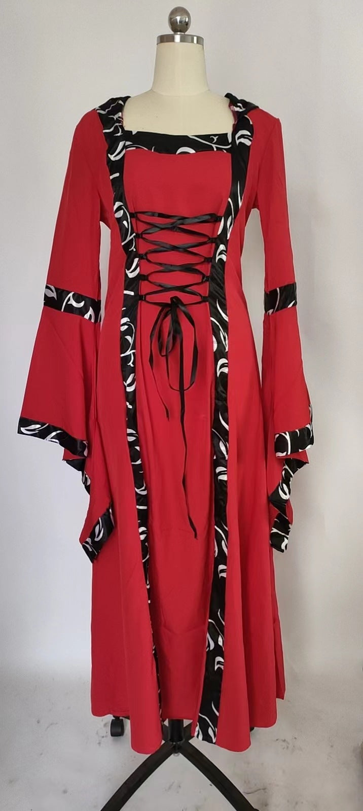 Women's Gothic Medieval Hooded Dress – Lace-Up Witch Fantasy Costume