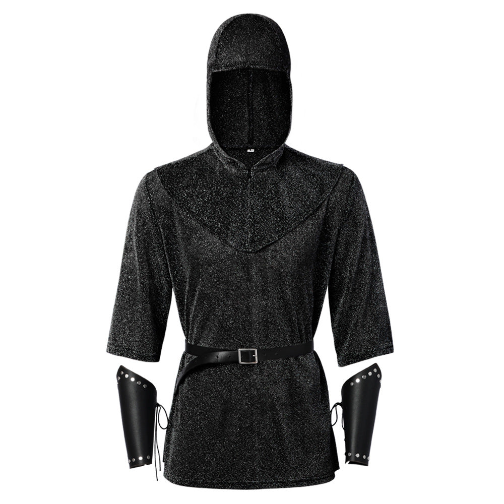Medieval Knight Faux Chainmail Costume Mens Hood Tunic Belt Halloween LARP