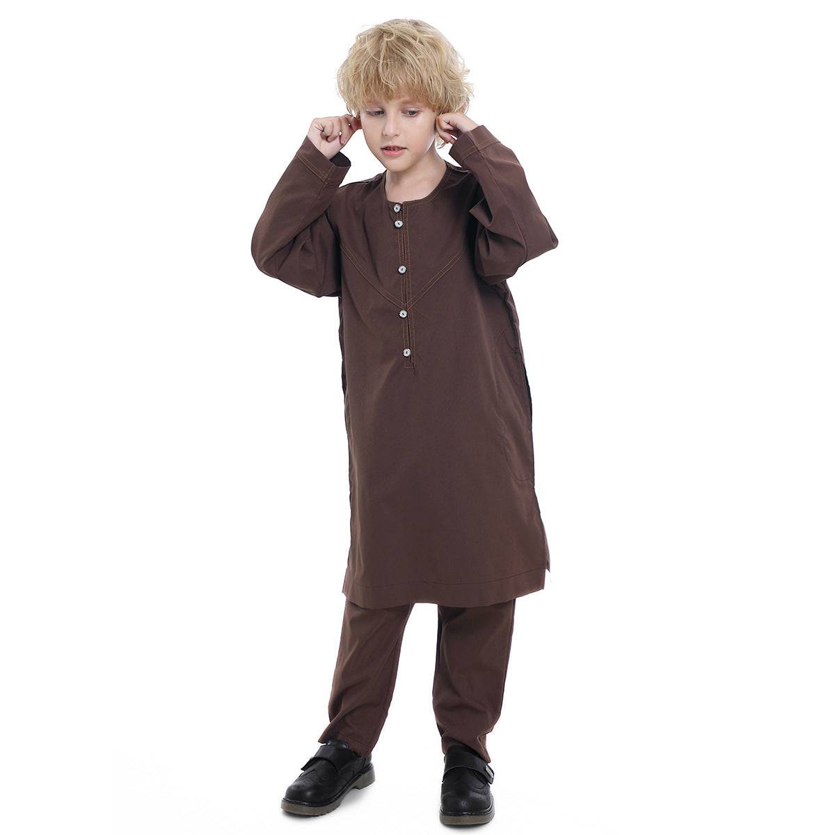 Boys' Thobe-Style Tunic & Pants Set – Middle Eastern Inspired Outfit