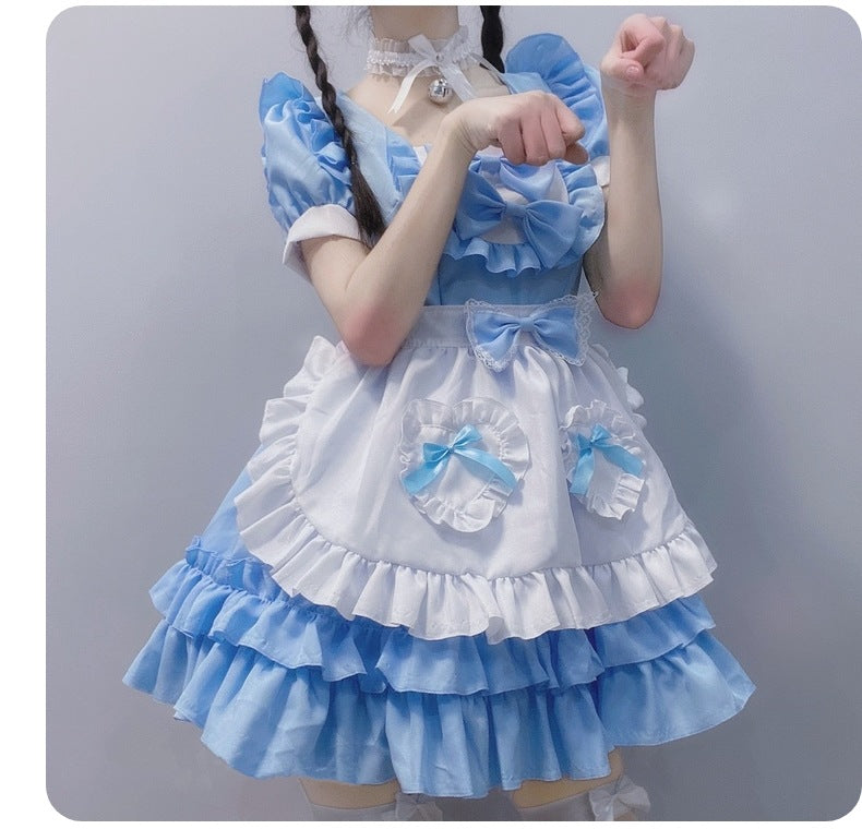 Japanese Anime Sexy Cream Sweetheart Maid Dress & Blue Pure Lolita Dress Full Set